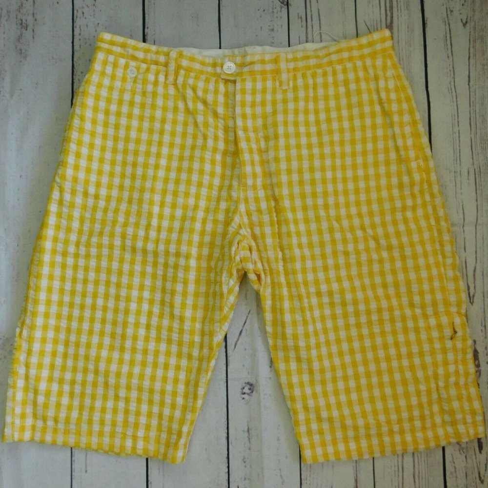 NWT Sabit NYC Yellow White Plaid Checks Button Fly Shorts - Size 38
